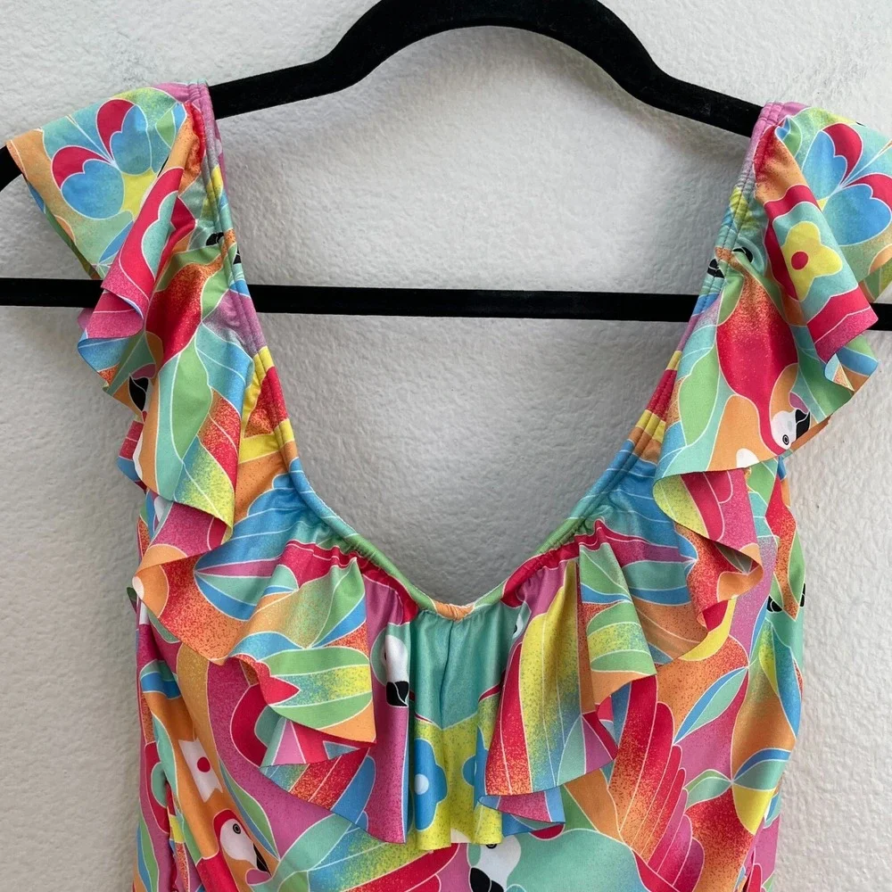 NWOT‎ Kenny Flowers Womens M/L Caribbean Ruffle One Piece With Ruching Swimsuit